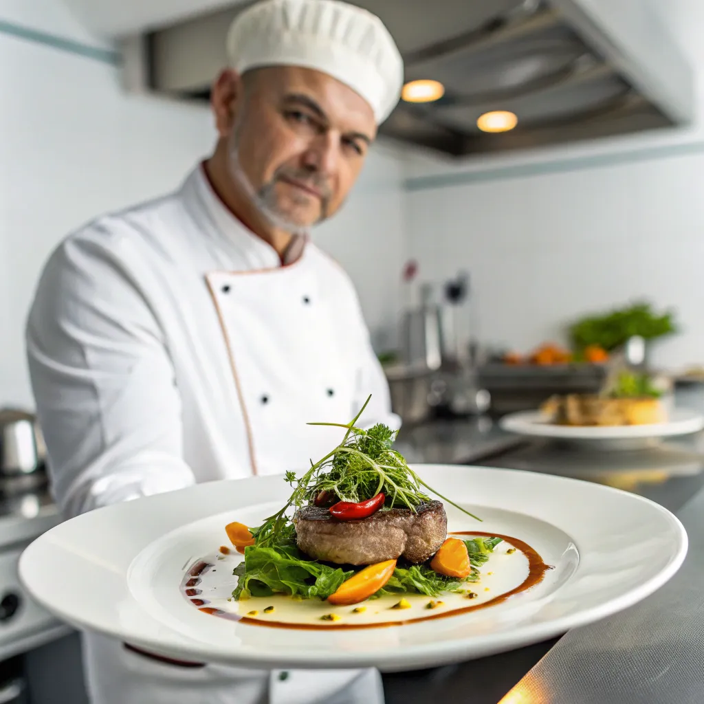 A professional chef presenting a dish